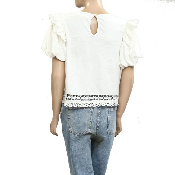 By Anthropologie Puff-Sleeve Cutwork Blouse Top Embroidered Cotton XXS 281553 - Picture 7 of 8